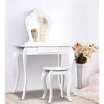 Woolworths Keezi kids vanity dressing table stool set mirror drawer children makeup white offer