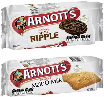 Coles Arnott's choc ripple or malt'o'milk biscuits 250g offer