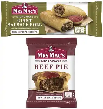 Coles Mrs mac's microwave frozen beef pie or sausage roll 175g offer