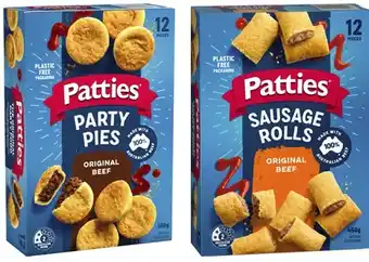 Coles Patties party meat pies 12 pack 560g or sausage rolls 12 pack 450g offer