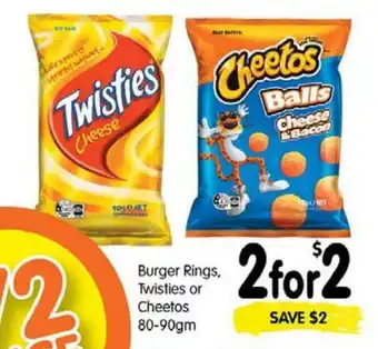 Spar Burger rings, twisties or cheetos 80-90g offer