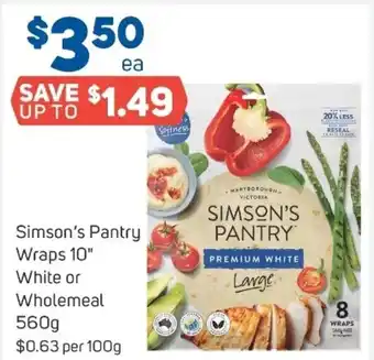 Foodland Simson's pantry wraps 10 white or wholemeal 560g offer