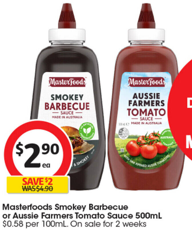 Masterfoods Smokey Barbecue or Aussie Farmers Tomato Sauce 500mL offer