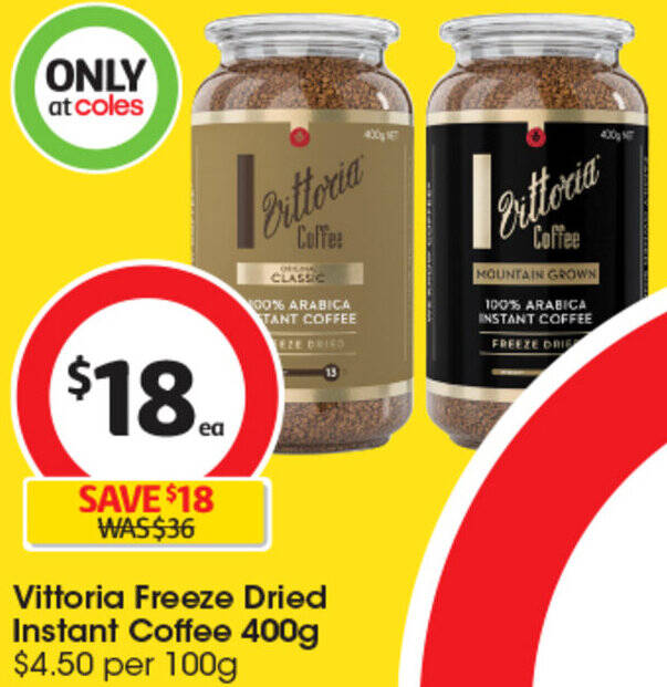 Vittoria Freeze Dried Instant Coffee 400g offer at Coles