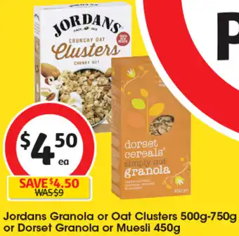 Coles Jordans Granola or Oat Clusters 500g-750g or Dorset Granola or Muesli 450g offer