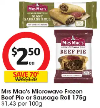 Coles Mrs Mac's Microwave Frozen Beef Pie or Sausage Roll 175g offer