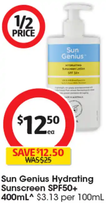 Coles Sun Genius Hydrating Sunscreen SPF50+ 400mL offer