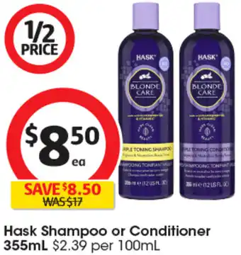 Coles Hask Shampoo or Conditioner 355mL offer