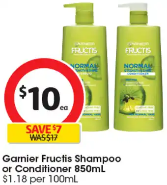 Coles Garnier Fructis Shampoo or Conditioner 850mL offer