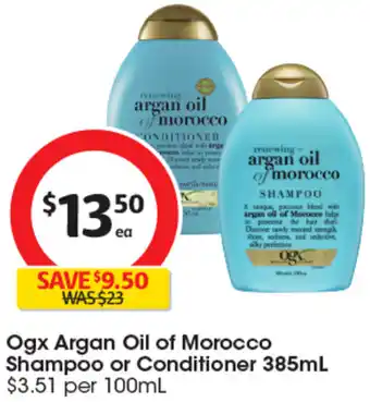 Coles Ogx Argan Oil of Morocco Shampoo or Conditioner 385mL offer