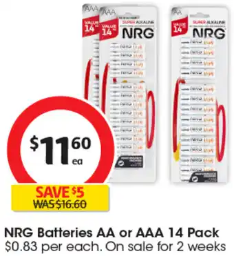 Coles NRG Batteries AA or AAA 14 Pack offer