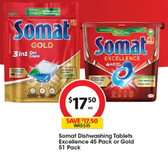 Coles Somat Dishwashing Tablets Excellence 45 Pack or Gold 51 Pack offer