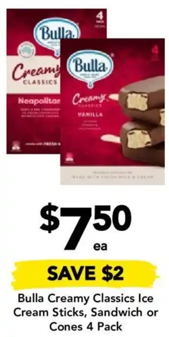 Drakes Bulla Creamy Classics Ice Cream Sticks, Sandwich or Cones 4 Pack offer