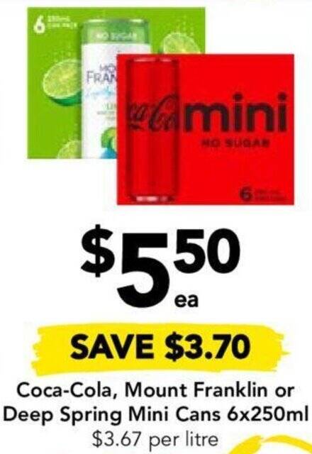 Drakes Coca-Cola, Mount Franklin or Deep Spring Mini Cans 6x250ml offer