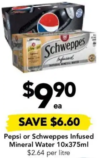 Drakes Pepsi or Schweppes Infused Mineral Water 10x375ml offer