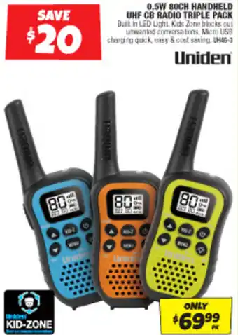 Autobarn 0.5W 80CH HANDHELD UHF CB RADIO TRIPLE PACK offer