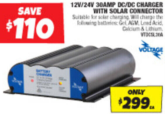 Autobarn 12V/24V 30AMP DC/DC CHARGER WITH SOLAR CONNECTOR offer
