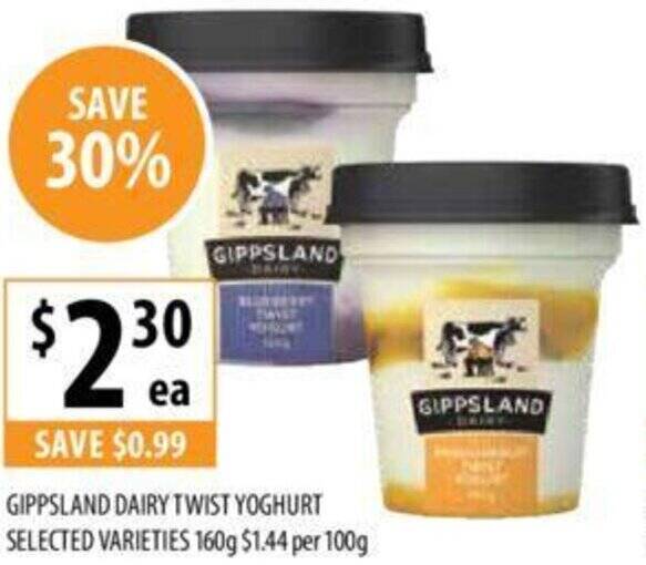 Supabarn GIPPSLAND DAIRY TWIST YOGHURT 160g offer