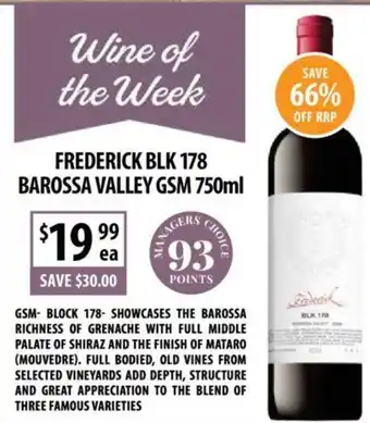 Supabarn FREDERICK BLK 178 BAROSSA VALLEY GSM 750ml offer