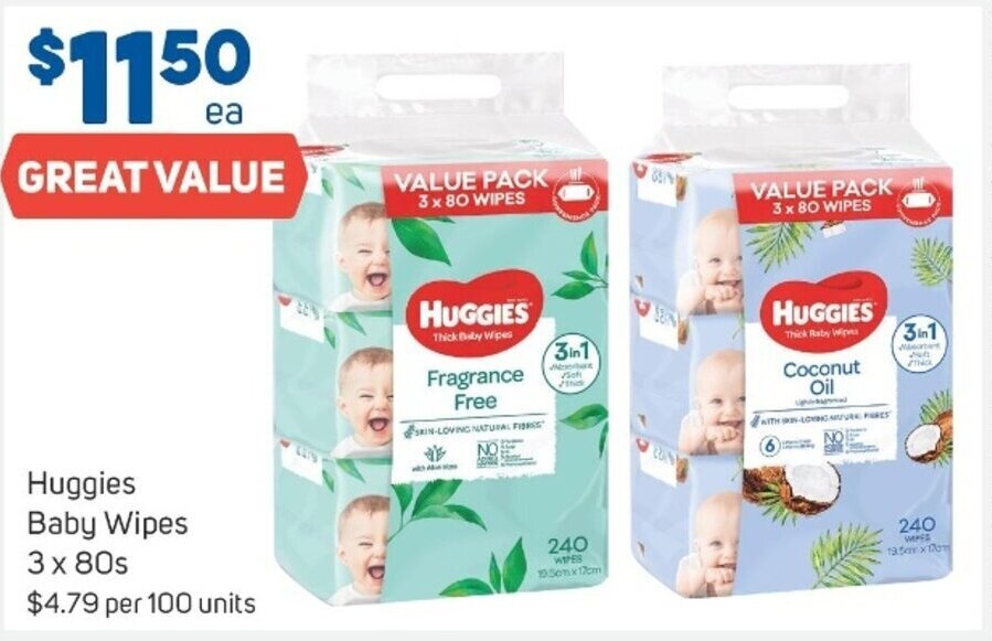 Huggies baby wipes 3x80s offer at Foodland