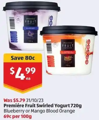 ALDI Premiére Fruit Swirled Yogurt 720g offer