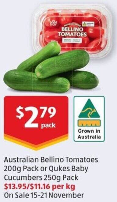 ALDI Australian Bellino Tomatoes 200g Pack or Qukes Baby Cucumbers 250g offer