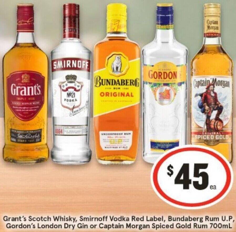 IGA Grant's Scotch Whisky, Smirnoff Vodka Red Label, Bundaberg Rum U.P, Gordon's London Dry Gin or Captain Morgan Spiced Gold Rum offer