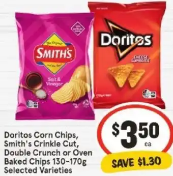 IGA Doritos Corn Chips, Smith's Crinkle Cut, Double Crunch or Oven Baked Chips 130-170g offer