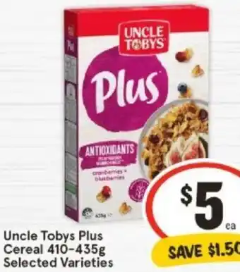 IGA Uncle Tobys Plus Cereal 410-435g offer