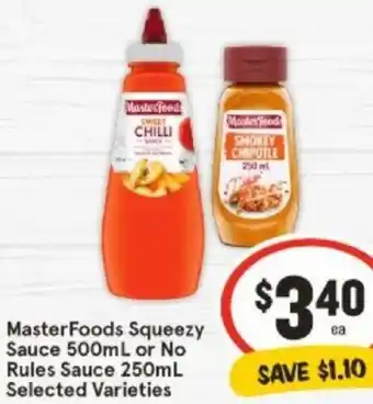 IGA MasterFoods Squeezy Sauce 500mL or No Rules Sauce 250mL offer