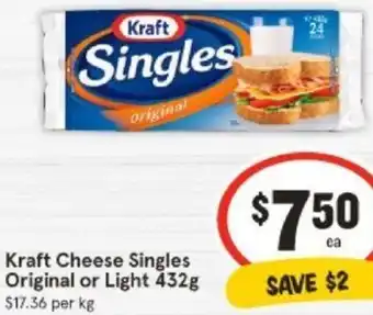 IGA Kraft Cheese Singles Original or Light 432g offer