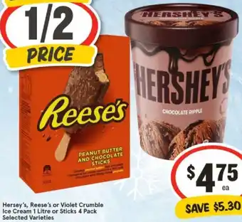 IGA Hersey's, Reese's or Violet Crumble Ice Cream 1 Litre or Sticks offer
