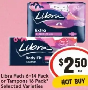 IGA Libra Pads 6-14 Pack or Tampons 16 Pack offer