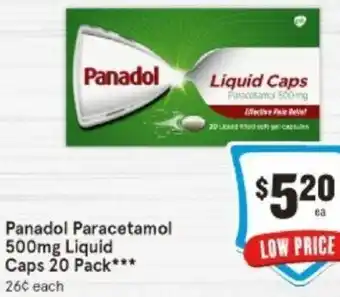 IGA Panadol Paracetamol 500mg Liquid Caps 20 Pack offer