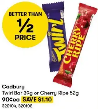 BIG W Cadbury Twirl Bar 39g or Cherry Ripe 52g offer