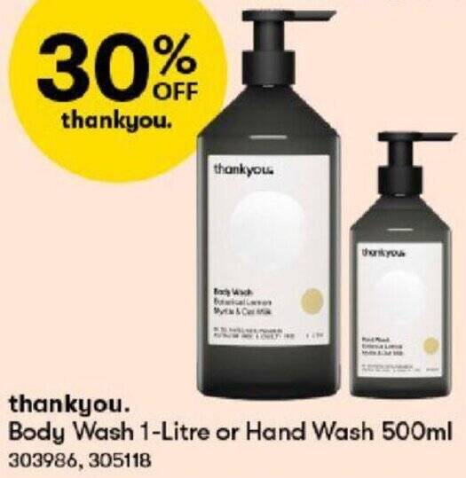 thankyou. Body Wash 1Litre or Hand Wash 500ml offer at BIG W
