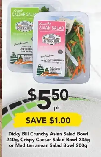 Drakes Dicky Bill Crunchy Asian Salad Bowl 240g, Crunchy Ceasar Salad Bowl 235g or Mediterranean Salad Bowl 200g offer