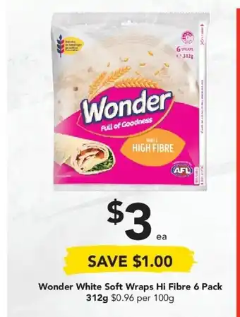 Drakes Wonder White Soft Wraps Hi Fibre 6 Pack 312g offer
