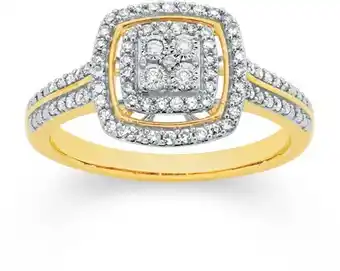 Angus & Coote 9ct gold diamond cushion halo cluster ring offer