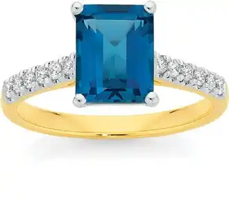 9ct gold london blue topaz diamond ring