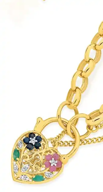 9ct gold 19cm solid belcher natural multi colour stones padlock bracelet