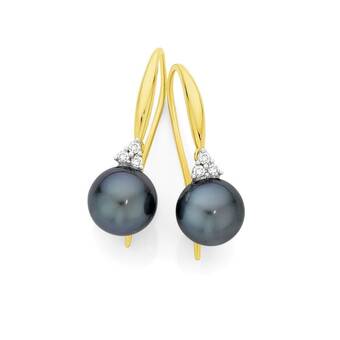 Angus & Coote 9ct gold cultured tahitian pearl & diamond shepherd hook earrings offer