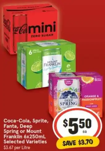 IGA Coca-Cola, Sprite, Fanta, Deep Spring or Mount Franklin 6x250mL offer