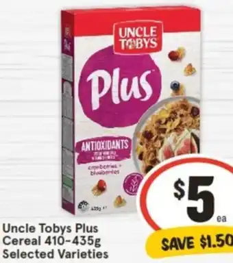 IGA Uncle Tobys Plus Cereal 410-435g offer