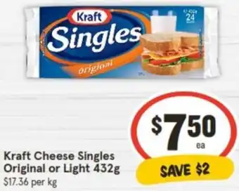 IGA Kraft Cheese Singles Original or Light 432g offer