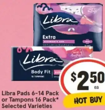 IGA Libra Pads 6-14 Pack or Tampons 16 Pack offer