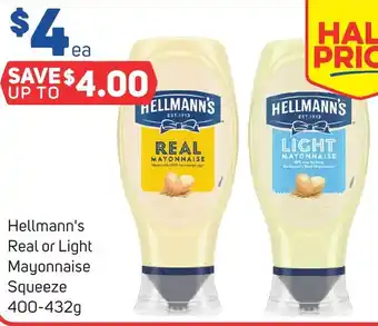 Foodland Hellmann's Real or Light Mayonnaise Squeeze 400-432g offer