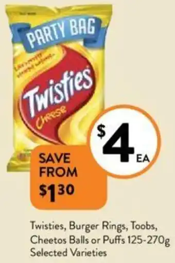 Foodworks Twisties, Burger Rings, Toobs, Cheetos Balls or Puffs 125-270g offer