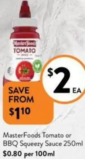 Foodworks MasterFoods Tomato or BBQ Squeezy Sauce 250ml offer