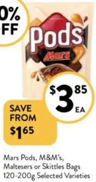 Foodworks Mars Pods, M&M's, Maltesers or Skittles Bags 120-200g offer